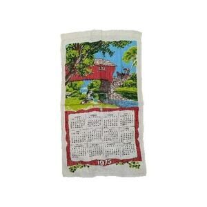 Kay Dee Handprints 100% Linen Covered Bridge 1975 Calender Kitchen Tea Towel